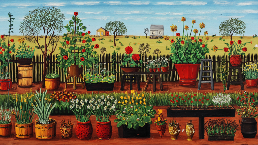 Vibrant folk art of 1930s country garden with potted red and yellow flowers, plants in barrels and pots, picket fence, trees, fields, and houses.
