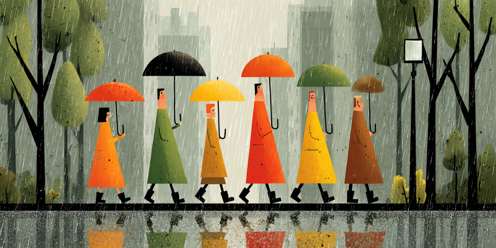 Stylized figures in colorful coats with umbrellas walking in rain, reflections on wet pavement