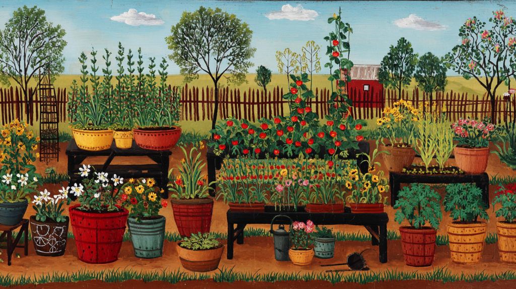 Vibrant folk art of 1930s country garden with colorful potted plants, flowers, veggies, benches, fence, trees, barn, blue sky.