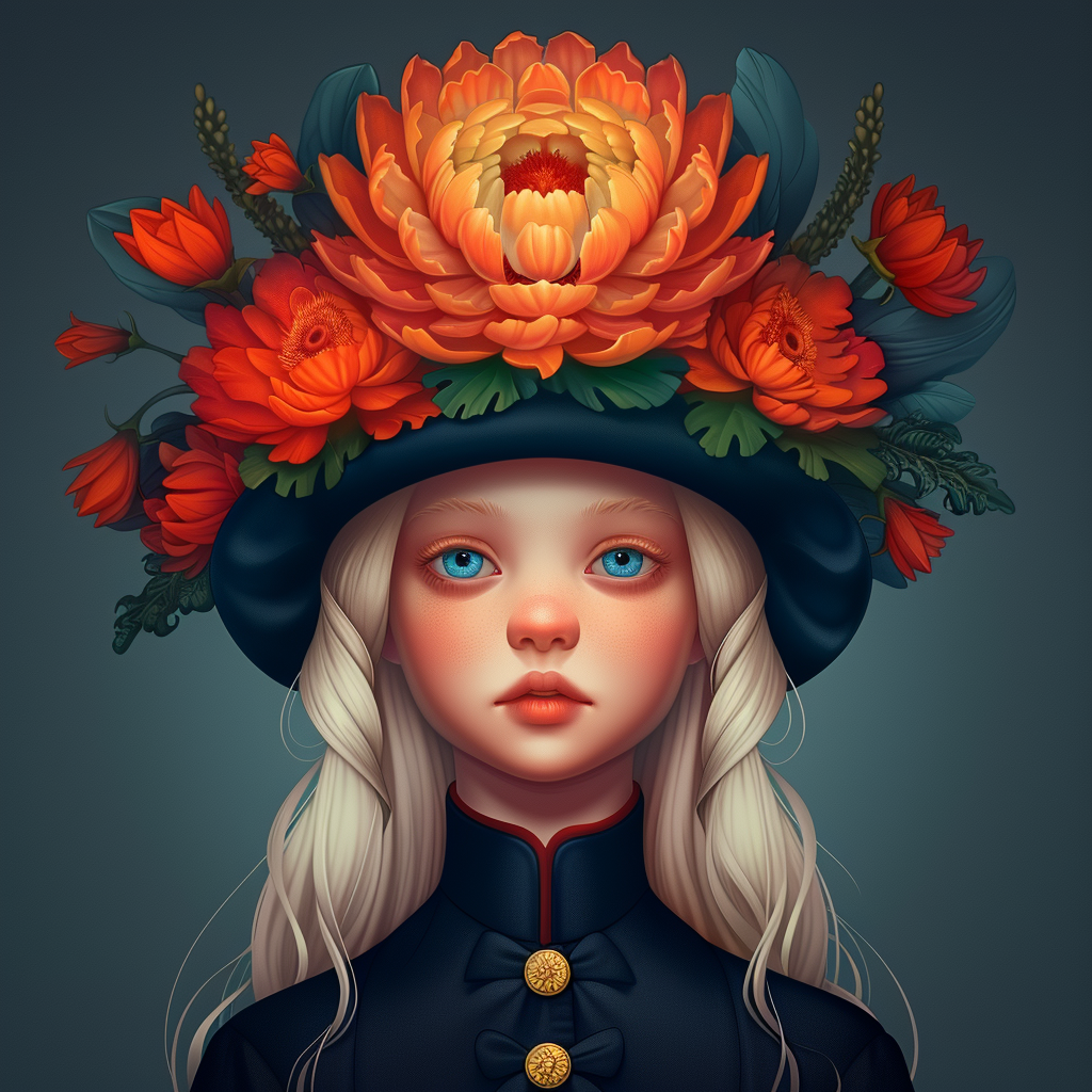 Portrait of pale blonde girl with blue eyes in navy coat and hat adorned with orange chrysanthemums, red flowers, green leaves on dark teal background