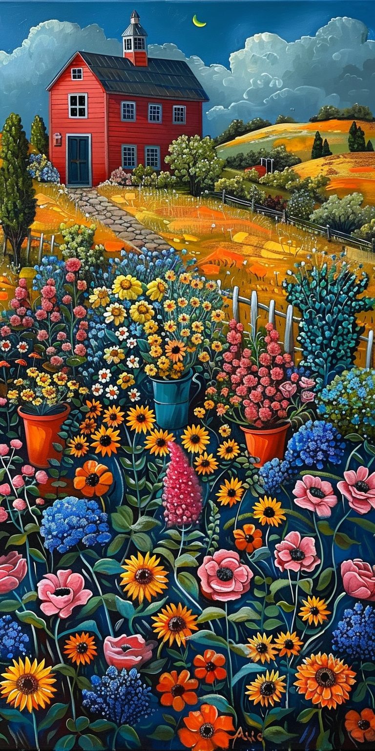 Vibrant folk art of red barn with steeple amid colorful flowers like sunflowers and hydrangeas, path to hills, crescent moon in blue sky.