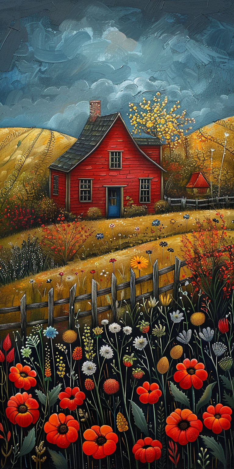 Vibrant painting of red house on hill surrounded by red poppies, wildflowers, golden fields, and stormy blue-gray sky.