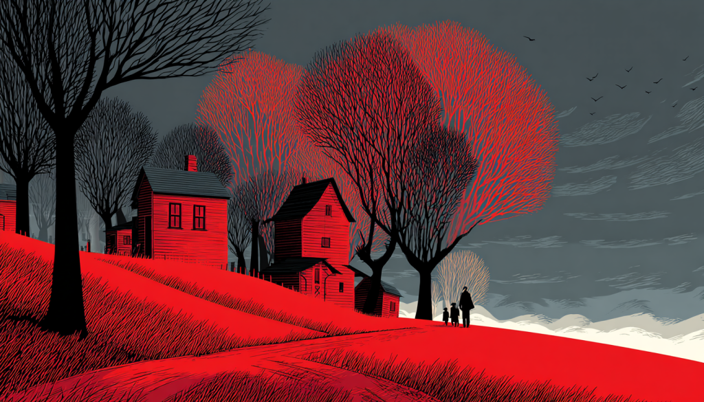 Silhouetted family walks past red houses and crimson trees on grassy hill under gray stormy sky with birds
