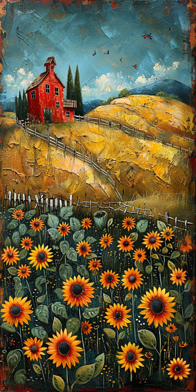 Textured painting of crimson barn on golden wheat hills, sunflower foreground, teal sky with birds and cypress trees.