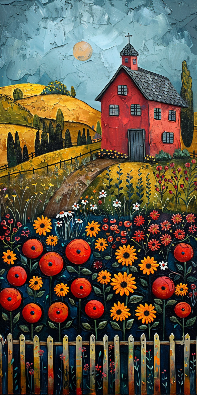 Vibrant impasto painting of red steepled barn on golden hills with cypresses, foreground poppies, sunflowers, and white picket fence under moonlit teal sky.