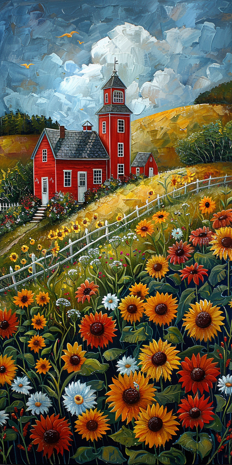 Impressionistic oil painting of red steepled barn on hill amid golden sunflower field, wildflowers, fence, and cloudy sky with birds.