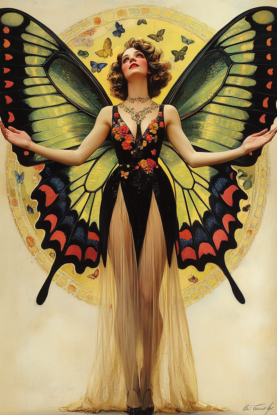 Woman with large green-black butterfly wings, black floral dress, beige skirt, arms outstretched amid butterflies and gold halo background.