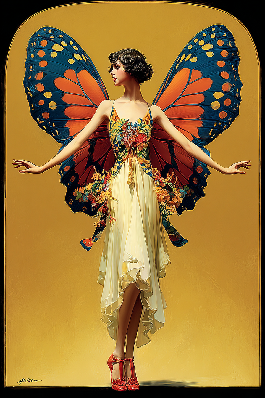 Elegant 1920s flapper with large monarch butterfly wings, yellow floral dress, red heels on golden background