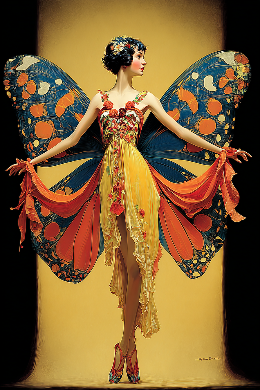 Elegant Art Deco flapper woman with large blue-orange butterfly wings, yellow floral gown, red heels, golden background.