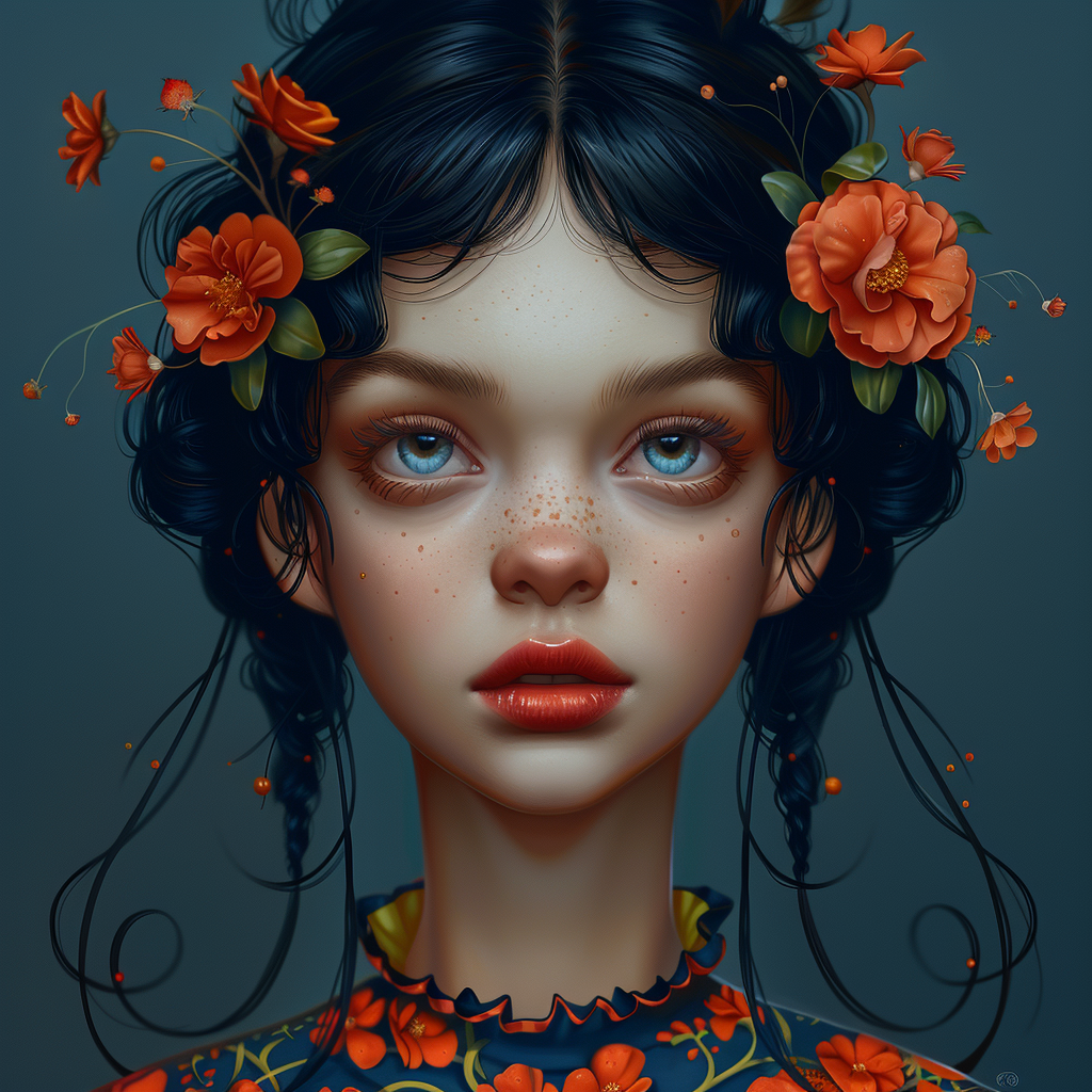 Portrait of freckled young woman with blue eyes, black braids, orange flowers in hair, floral dress on navy background