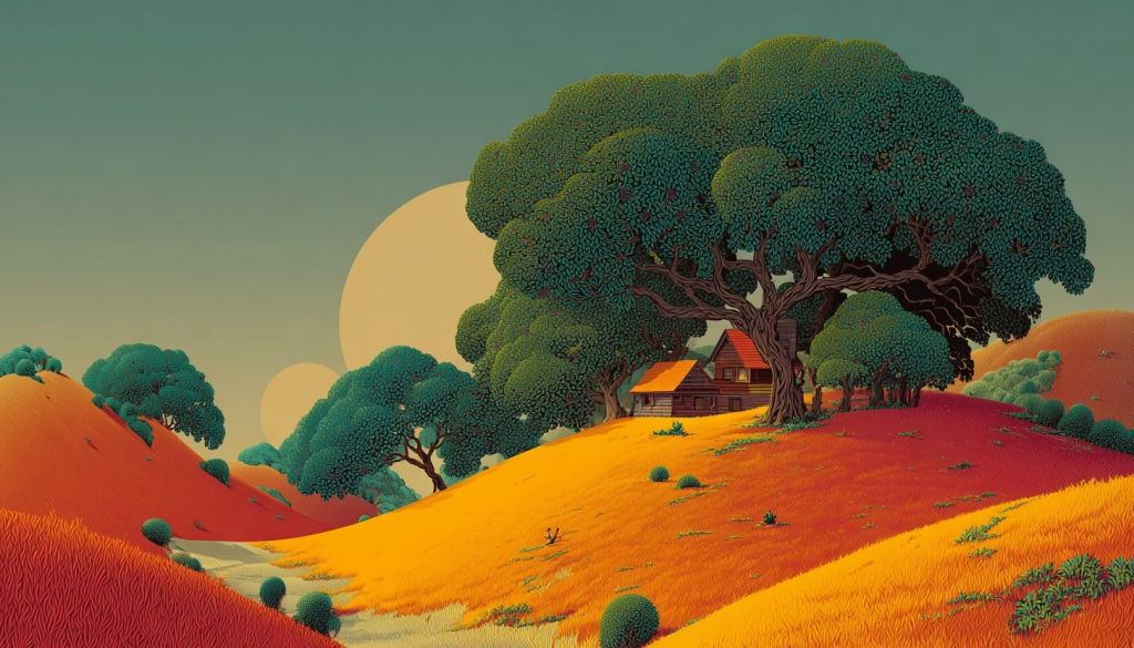 A landscape with golden hills, large oak trees, and a small cabin under a teal sky