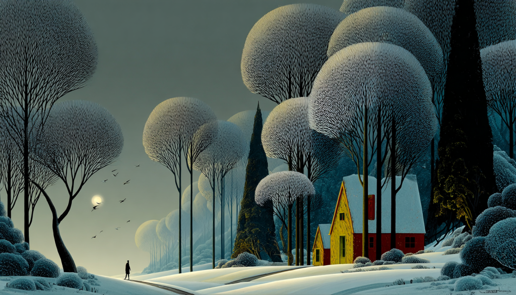 Surreal snowy landscape with bulbous trees, yellow and red cottages, lone walking figure on path under full moon