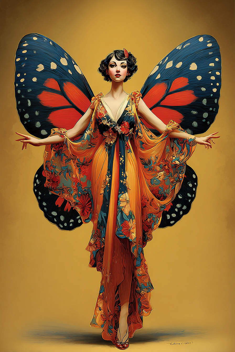 Digital artwork of elegant flapper woman with large monarch butterfly wings, orange floral gown, on gold background.