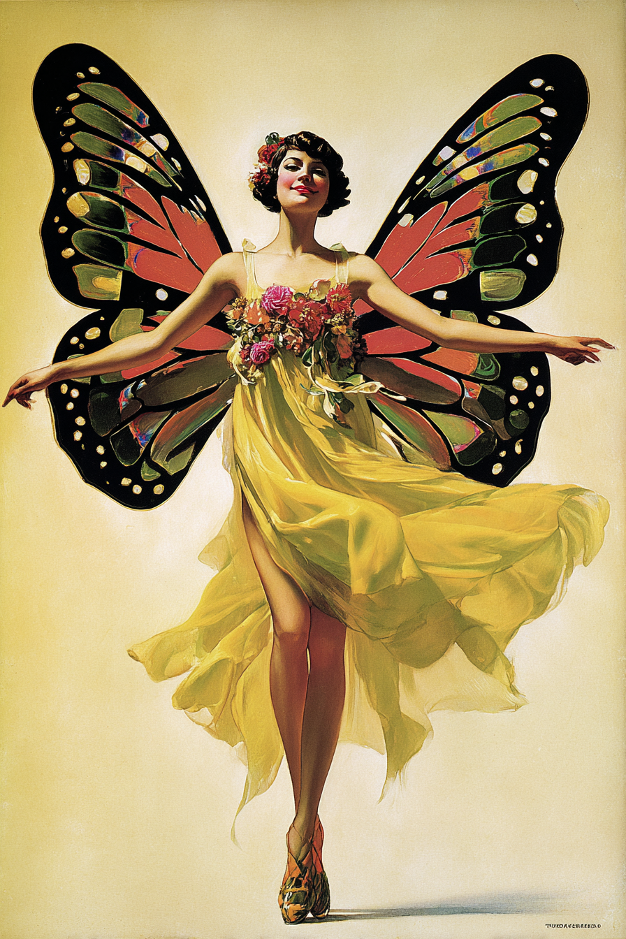 Vibrant art deco illustration of flapper woman with large monarch butterfly wings, yellow floral dress, outstretched arms, and patterned heels.