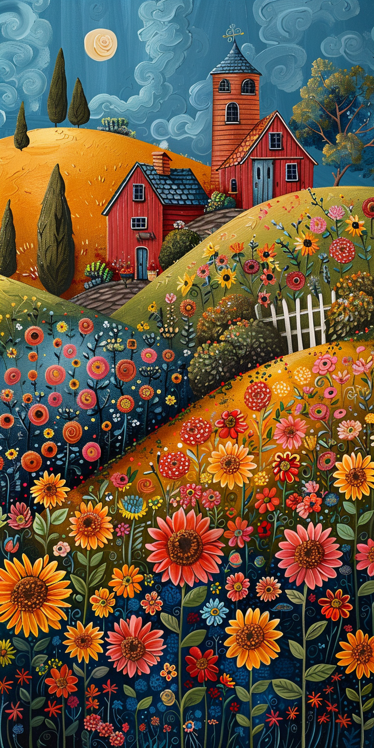 Whimsical painting of flower-covered hills, red barns, cypress trees, white fence, and large moon in blue sky