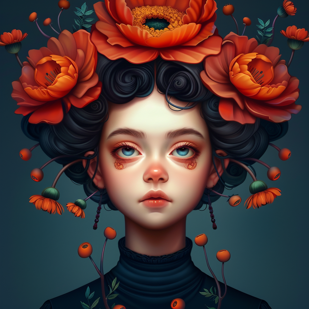 Close-up portrait of young woman with black curly hair filled with orange peonies, red berries, green leaves, blue eyes, on deep teal background.