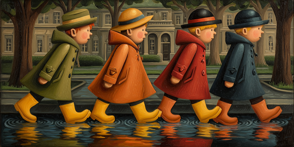 Four boys in green, orange, red and blue raincoats with yellow boots walking through a reflective puddle