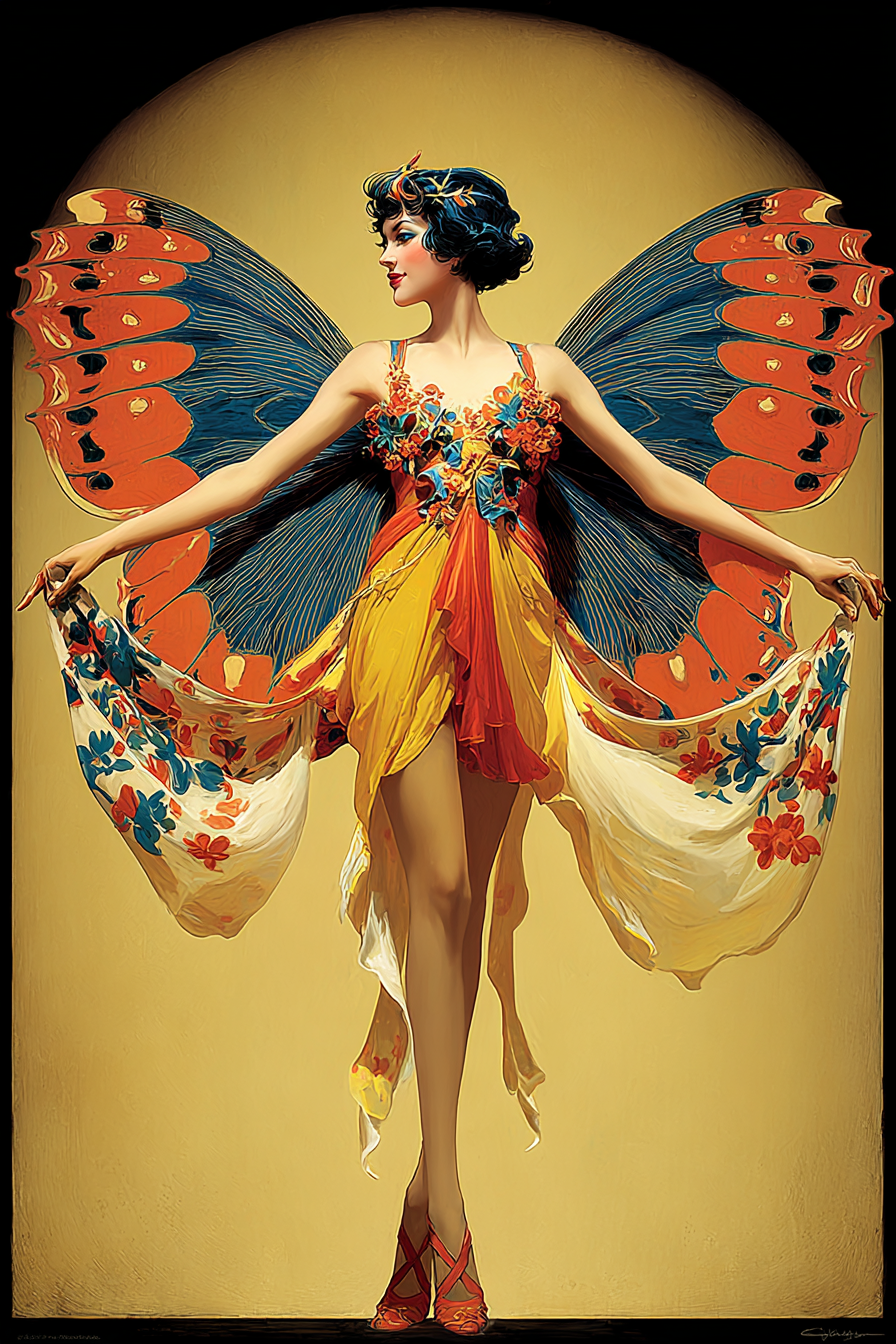 Hyperrealistic digital portrait of glamorous woman with large orange-blue butterfly wings, floral gown, posed on golden background with red heels.
