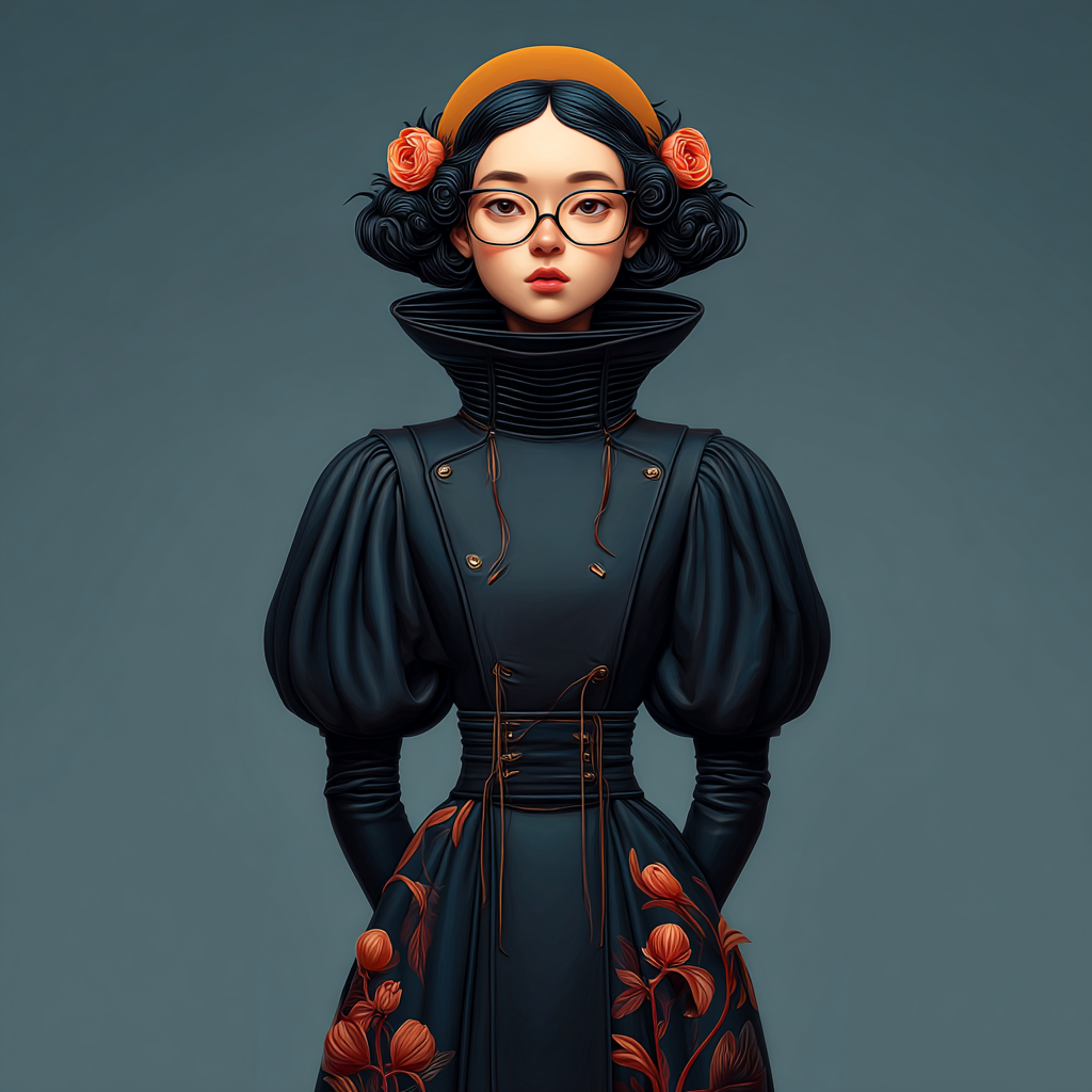 Portrait of young East Asian woman in round glasses, mustard hat with orange roses, navy blue puffed-sleeve gown with floral embroidery on teal background.