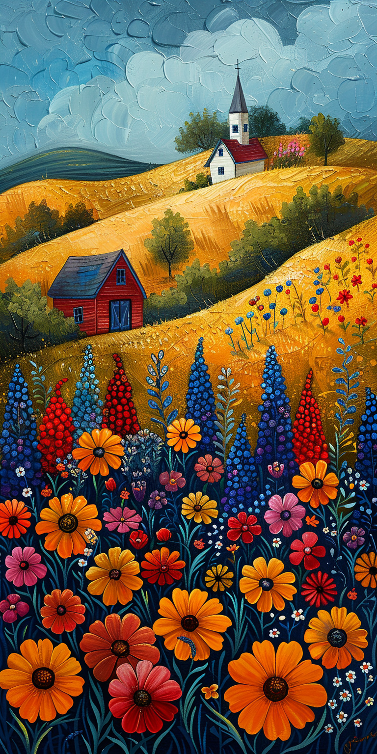 Vibrant impasto painting of golden rolling hills, white church, red barn, colorful wildflowers, trees, cloudy sky