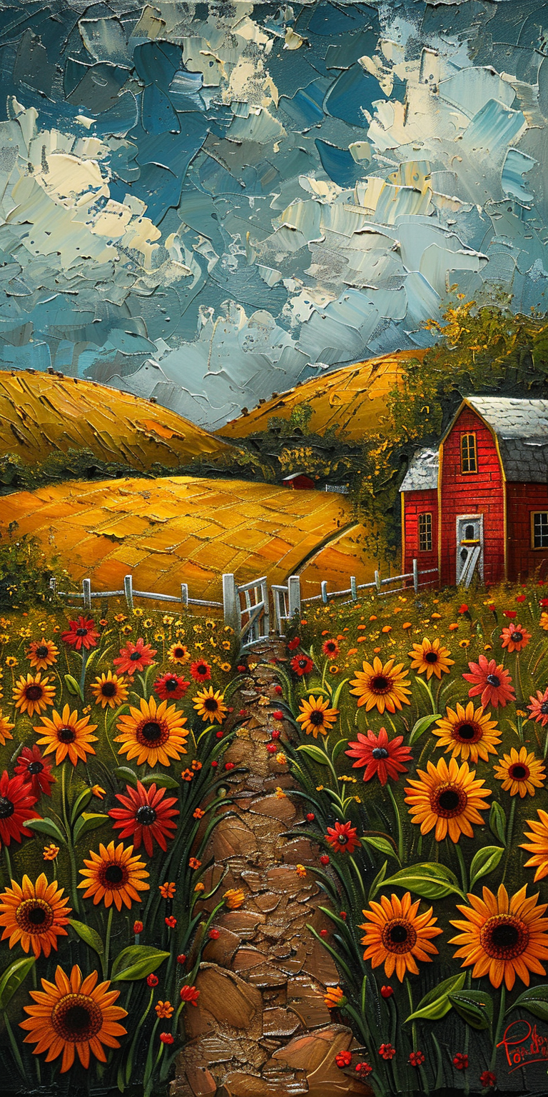 Textured impasto painting of stone path lined with vibrant sunflowers leading to red barn, golden fields, rolling hills, and cloudy sky