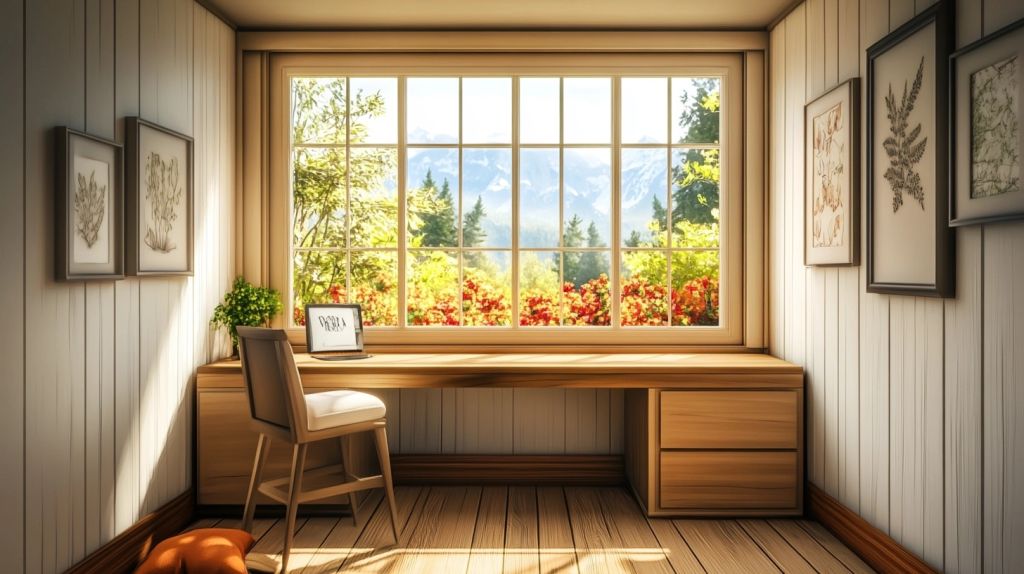 A wooden study room with a large window showing a garden and mountains, botanical art on walls.