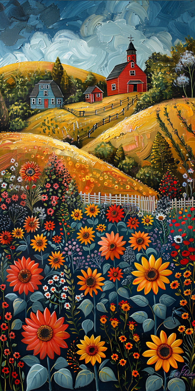 Vibrant oil painting of colorful sunflowers in foreground, golden rolling hills, blue house, red barn, and church under stormy blue sky.