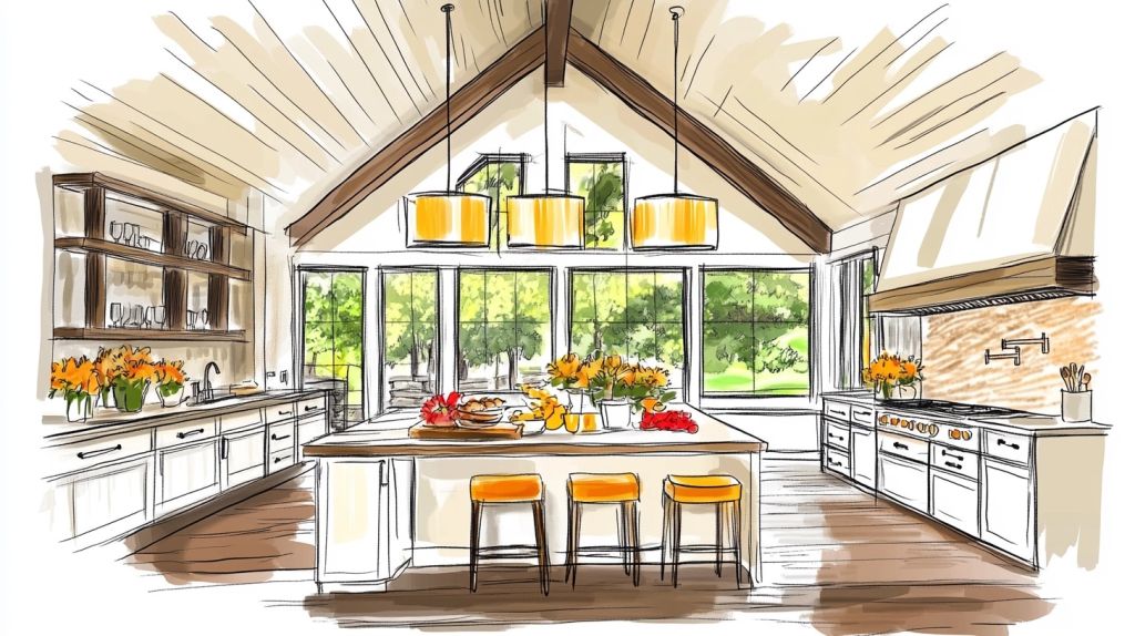 Sketch of a sunlit country kitchen with floral decorations and wooden beams