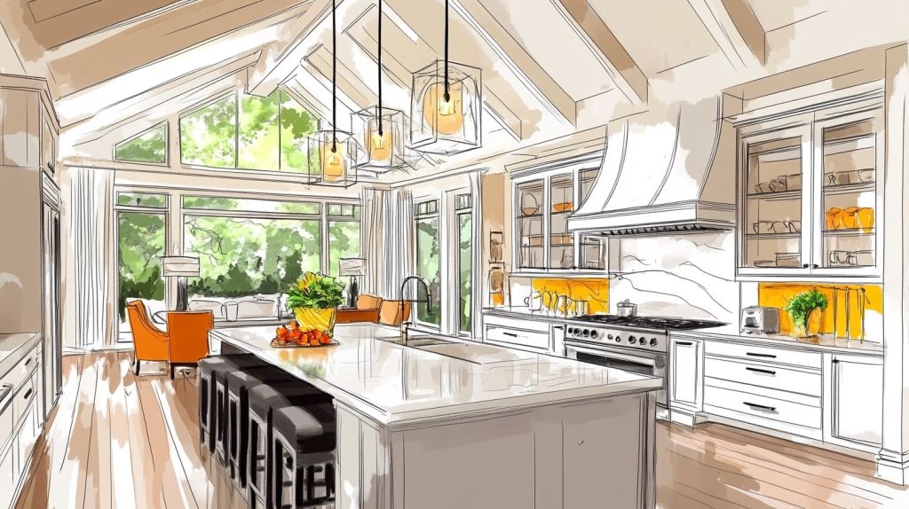 Illustration of a modern kitchen with large windows, orange chairs, and a central island.