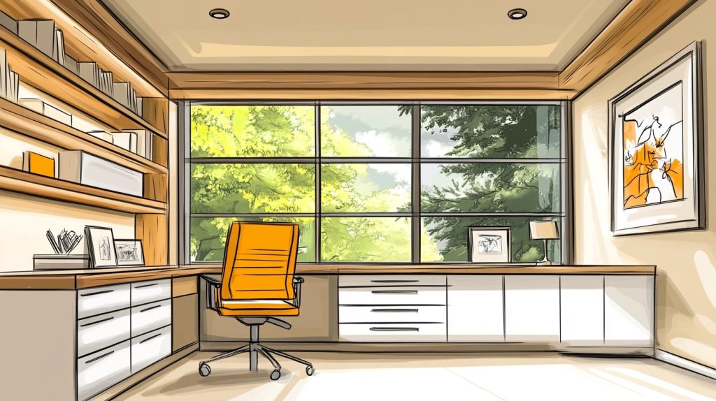 Illustration of a modern office with a large window, orange chair, desk, and bookshelves.