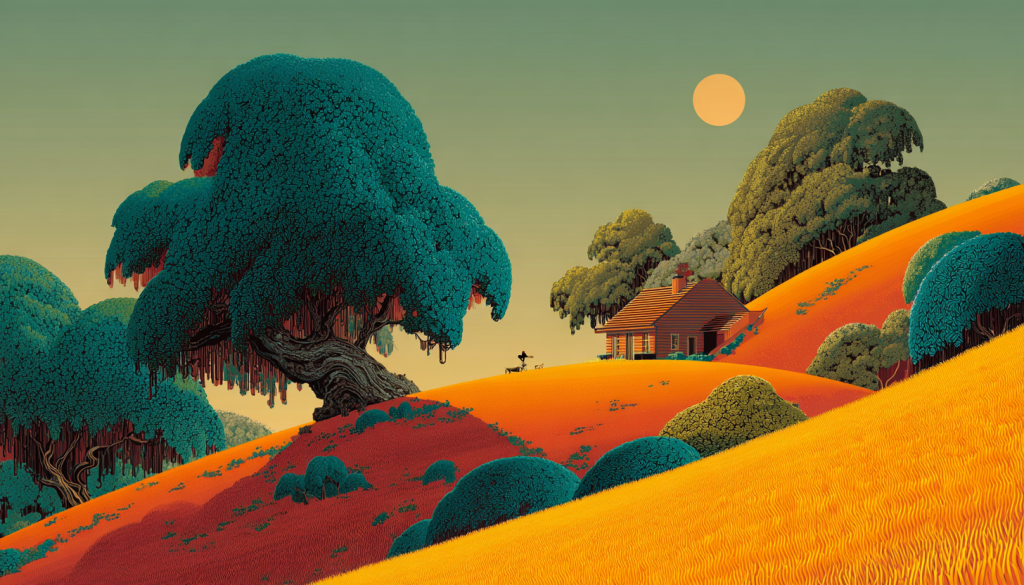 Illustration of golden hills with a house, large trees, and a setting sun in the background.
