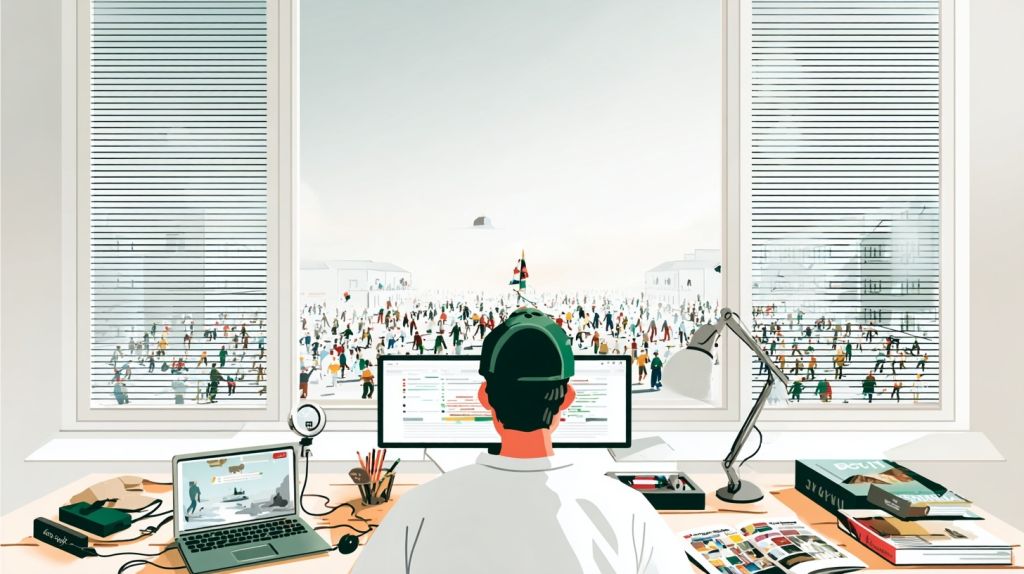 A person at a desk with screens watches a large crowd through a window in a digital illustration.