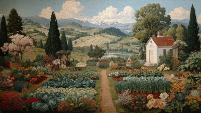 Vibrant mosaic of 1930s folk art vegetable garden with white cottage, cabbages, flowers, path, lake, hills, and distant mountains.