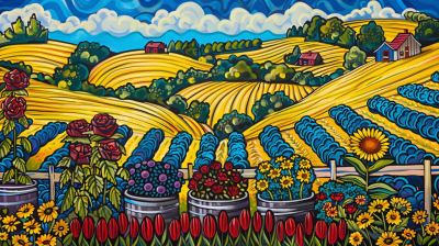 Vibrant folk painting of golden wheat fields, blue wavy rows, red farmhouses, trees, and foreground buckets with tulips, roses, sunflowers under blue sky.
