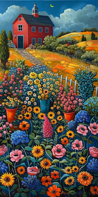 Vibrant folk art of red barn with steeple amid colorful flowers like sunflowers and hydrangeas, path to hills, crescent moon in blue sky.