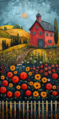 Vibrant impasto painting of red steepled barn on golden hills with cypresses, foreground poppies, sunflowers, and white picket fence under moonlit teal sky.