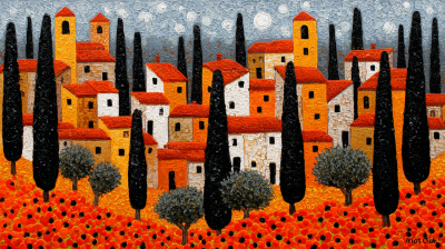 Impasto folk art of terracotta village, black cypresses, red poppies, olive trees, starry gray sky.