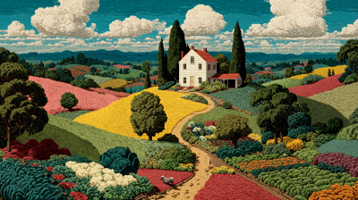 Folk art scene of white farmhouse in colorful rolling hills, vegetable garden, path with sheep, cypress trees, fluffy clouds, distant mountains.