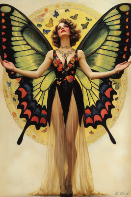 Woman with large green-black butterfly wings, black floral dress, beige skirt, arms outstretched amid butterflies and gold halo background.