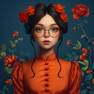 Hyper-realistic portrait of young woman with green eyes, round glasses, freckles, dark hair with red roses, orange dress, surrounded by roses and leaves on blue background.