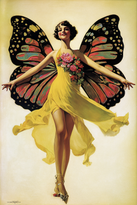 Vintage Art Deco illustration of flapper with large colorful butterfly wings, yellow flowing dress, holding pink roses, dynamic pose on cream background.
