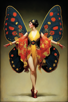 Glamorous flapper with large navy-blue butterfly wings dotted in red flowers, wearing fringed yellow-orange dress on golden background