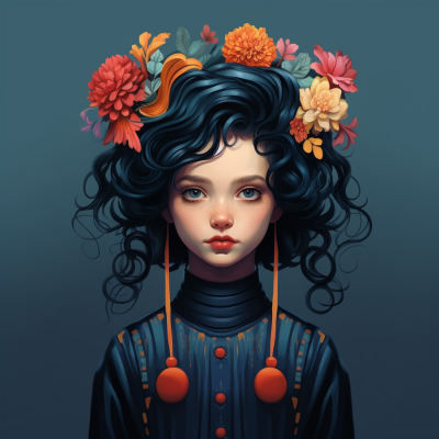 Portrait of young woman with dark blue curls, vibrant flower crown of reds and oranges, navy dress with orange accents on teal background.