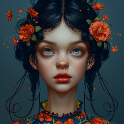 Portrait of freckled young woman with blue eyes, black braids, orange flowers in hair, floral dress on navy background