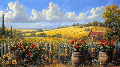 Vibrant landscape of picket fence with red roses and sunflowers, golden wheat fields, farmhouse, blue sky with clouds