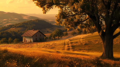 White cottage with red roof on golden grassy hill, large autumn tree overhanging, rolling hills and mountains at sunset