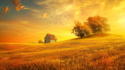 Dramatic golden sunset over rolling wheat fields with solitary house, orange autumn trees, and flock of birds flying in vibrant sky.