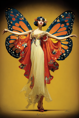 Hyperrealistic digital portrait of a 1920s-style woman with large orange-and-black monarch butterfly wings, in flowing cream gown on yellow background.