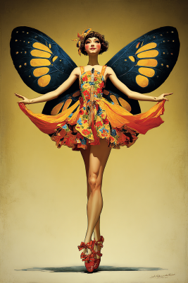Flapper woman with large navy-and-yellow monarch butterfly wings, orange floral dress, red bow heels on mustard yellow background