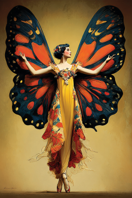 Digital portrait of flapper-style woman with large orange-black monarch wings, yellow floral gown, arms outstretched on beige background